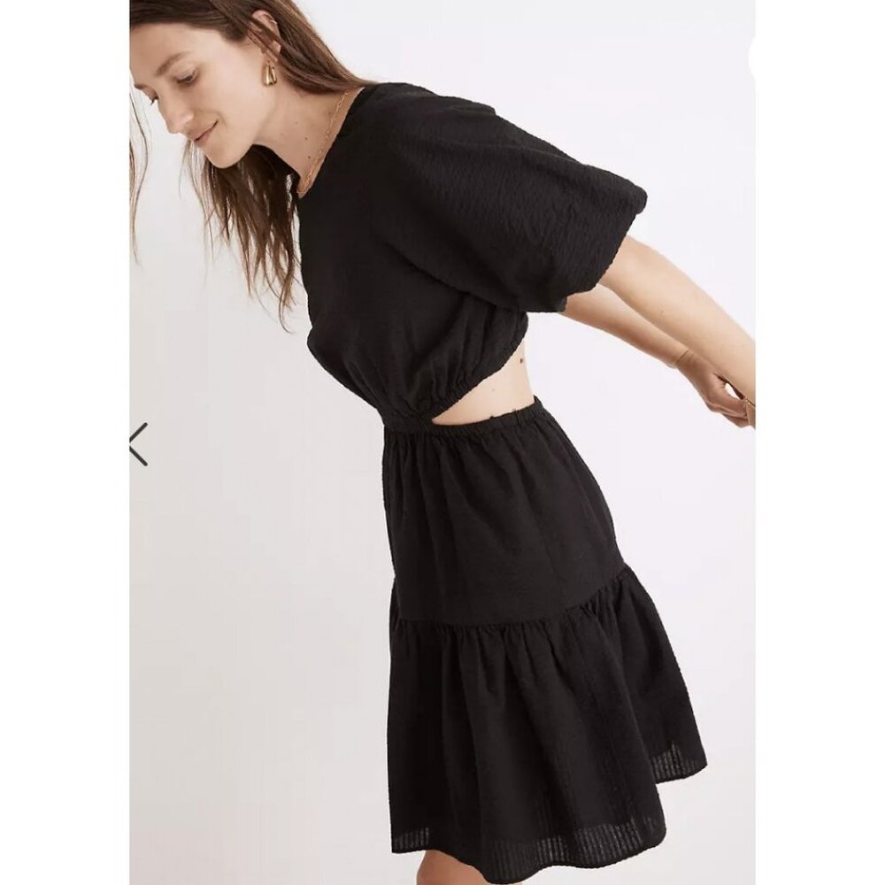 Madewell $128 Seersucker Puff Sleeve Cutout Mini Dress Black Size XS NF870